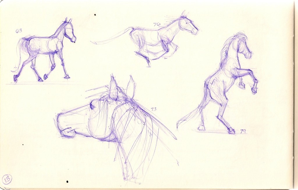 sketch of horses in purple ballppoint