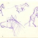 sketch of horses in purple ballppoint