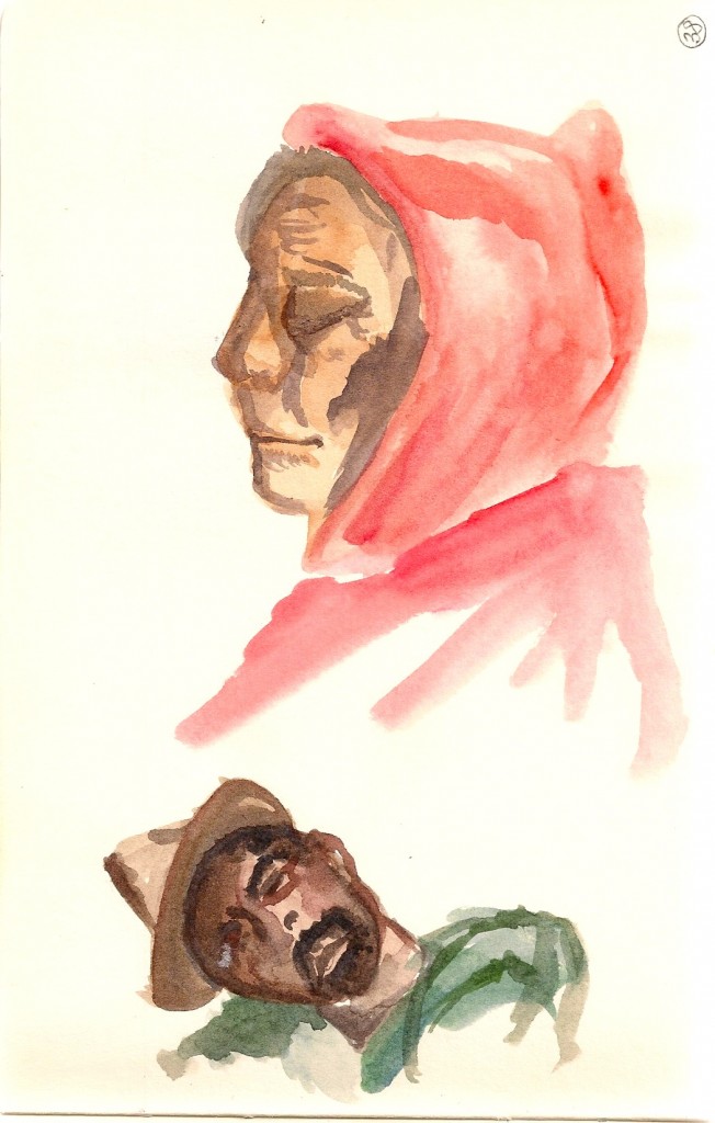 watercolor of homeless woman and man