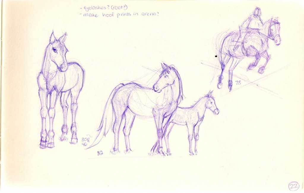 sketch of horses, running, mare and baby