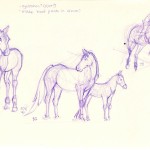 sketch of horses, running, mare and baby