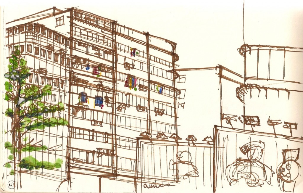 sketch of Hong Kong appartment building with laundry hanging.