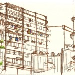 sketch of Hong Kong appartment building with laundry hanging.