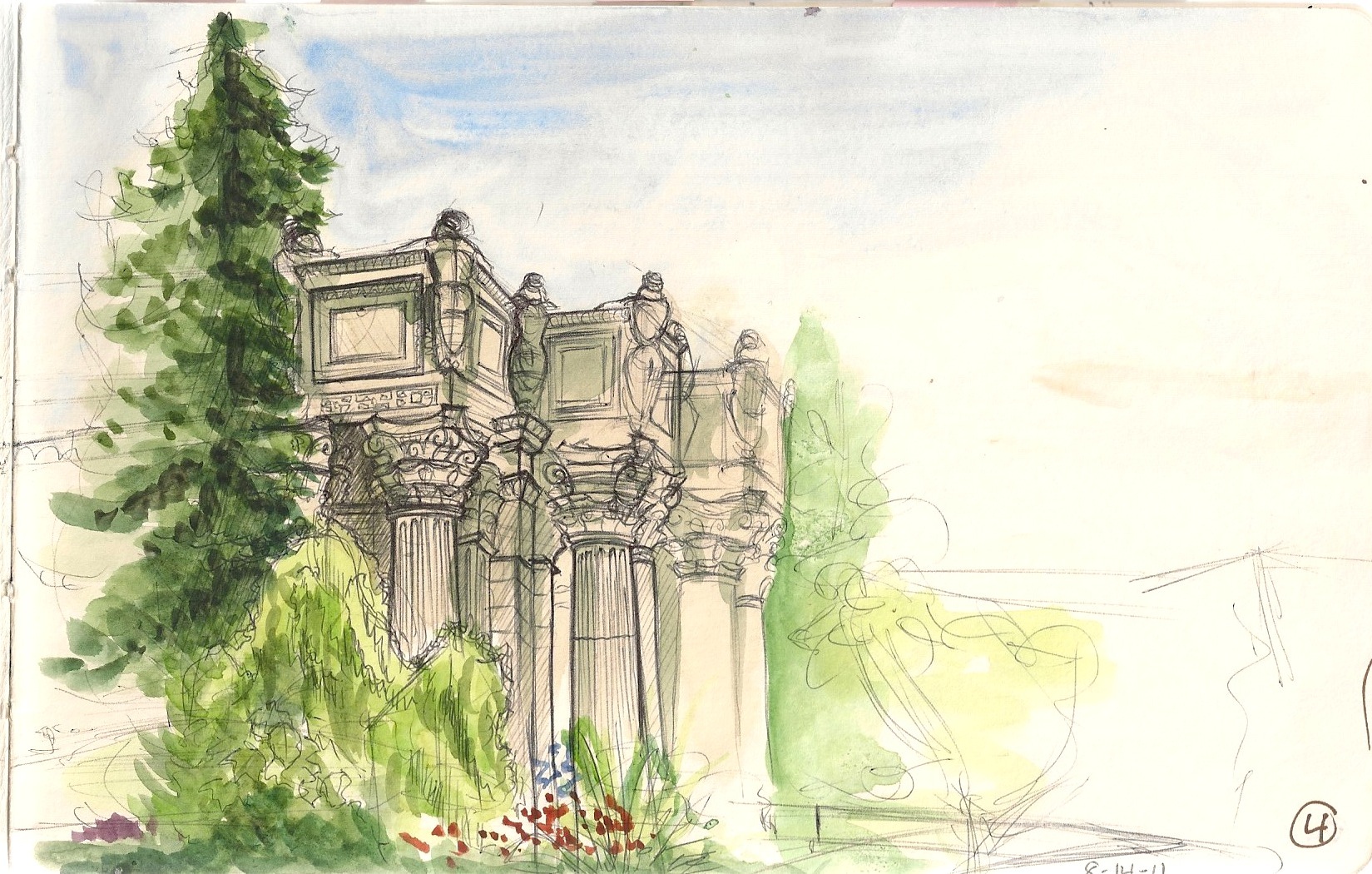 watercolor and ballpoint sketch of the Palace of Fine arts in San Franscisco