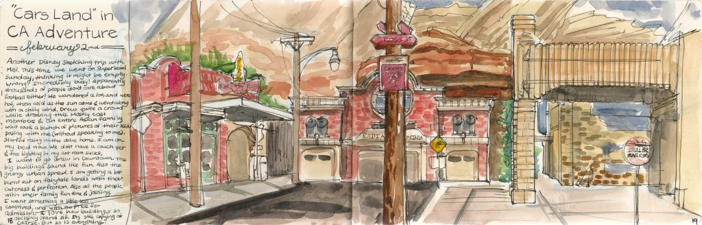 a painting of cars land, disneyland