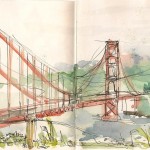 watercolor of Golden Gate at sunrise.