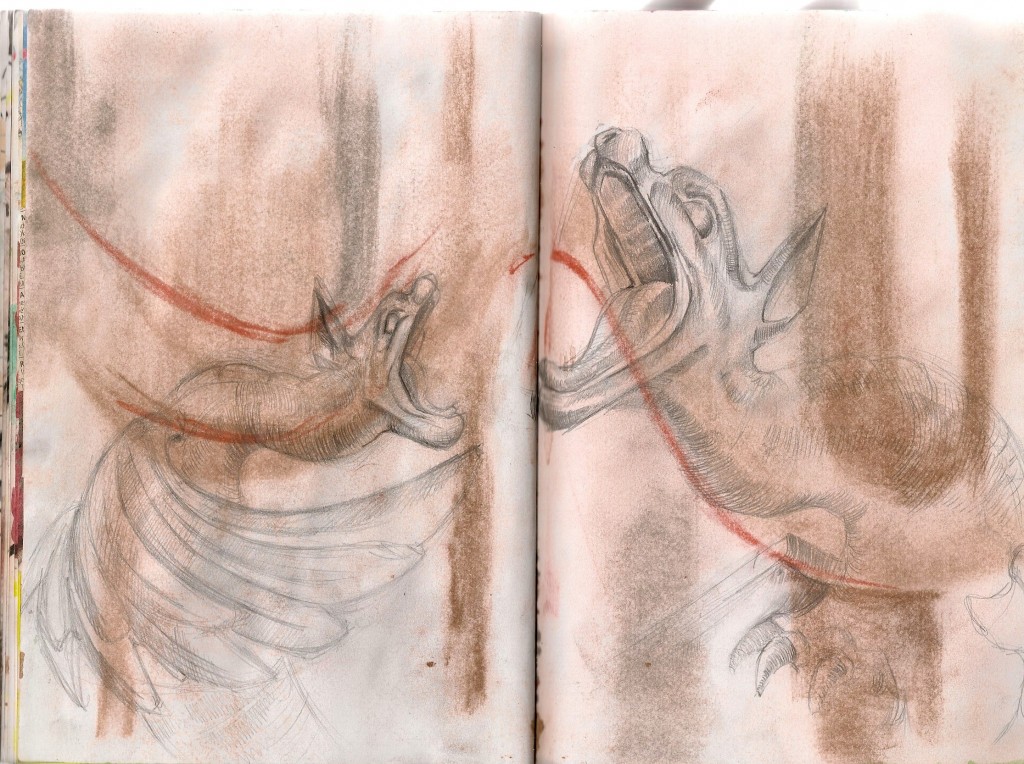 graphit on toned paper sketch of gargoyles