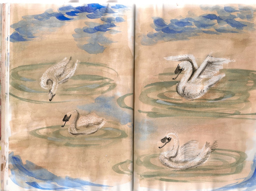 sketch of swans in a pond in Marie Antoinette's Hammeau