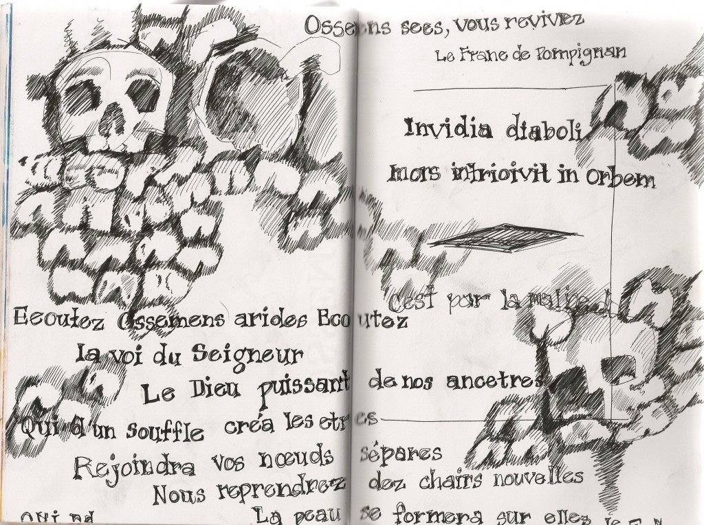 sketches of bones in the catacombs under Paris