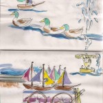 ink and watercolor sketch of ducks and boats in Paris