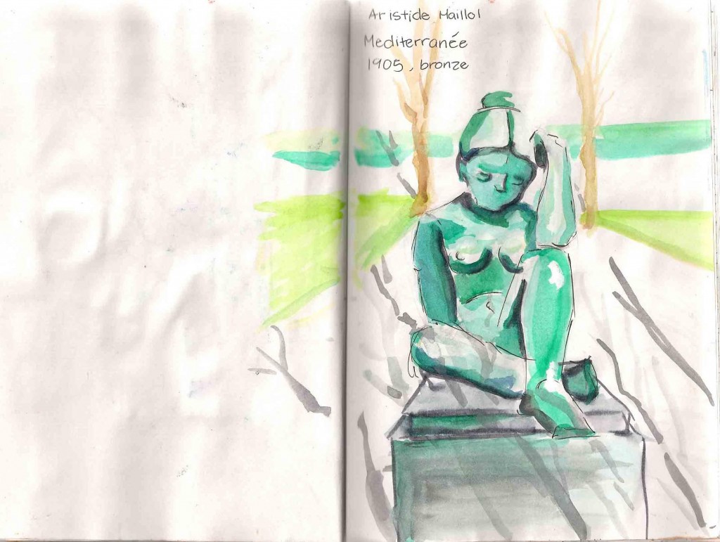 watercolor sketch of a bronze stature of a woman
