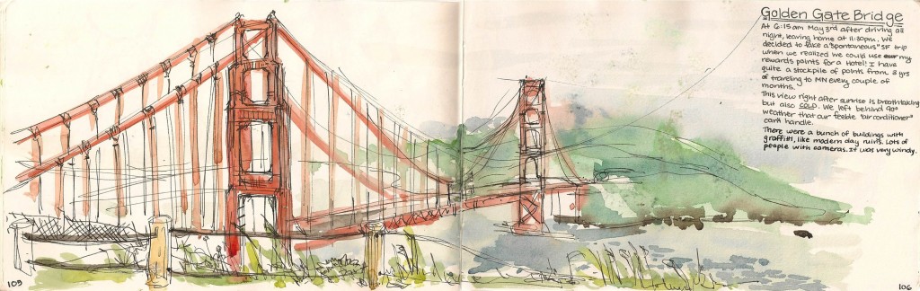 watercolor of Golden Gate at sunrise.